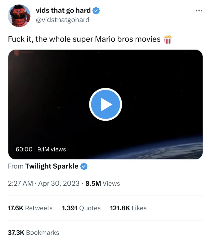 Képernyőmentés a Super Mario Bros.: A film című mozi feltöltéséről, ez egy nap alatt 9,1 millióan nézték meg ingyen. (fotó: Twitter)