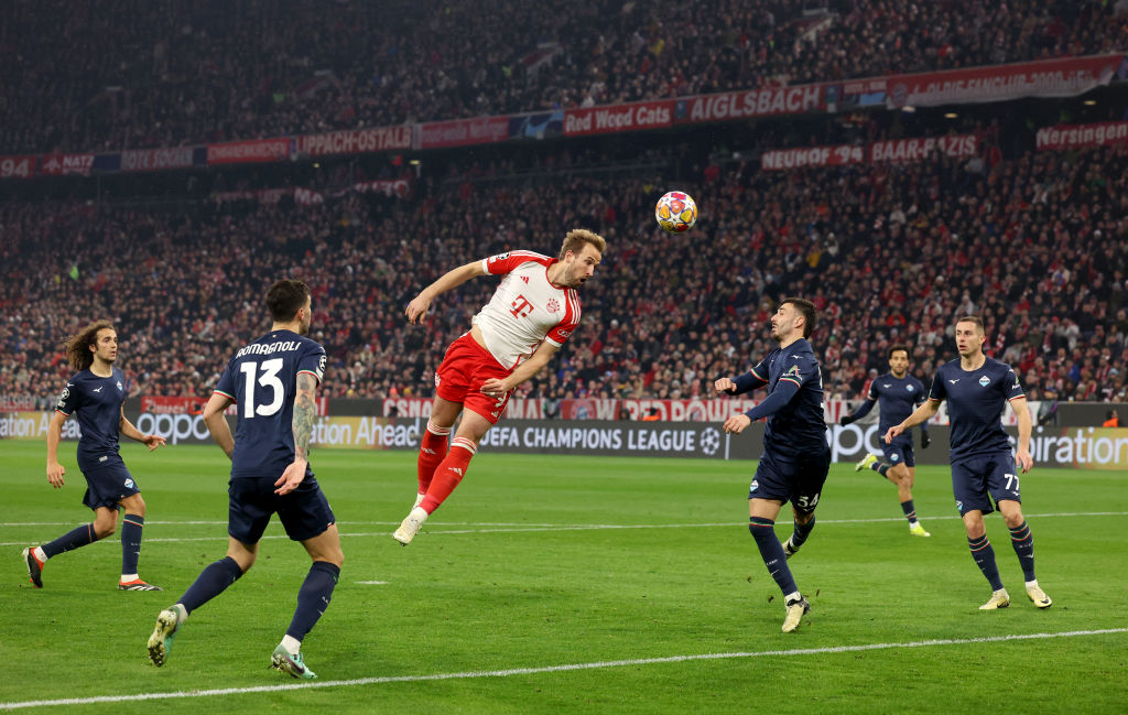 MUNICH, GERMANY - MARCH 05: Harry Kane of Bayern Munich shoots with a header during the UEFA Champions League 2023/24 round of 16 second leg match between FC Bayern München and SS Lazio at Allianz Arena on March 05, 2024 in Munich, Germany. (Photo by Alexander Hassenstein/Getty Images)