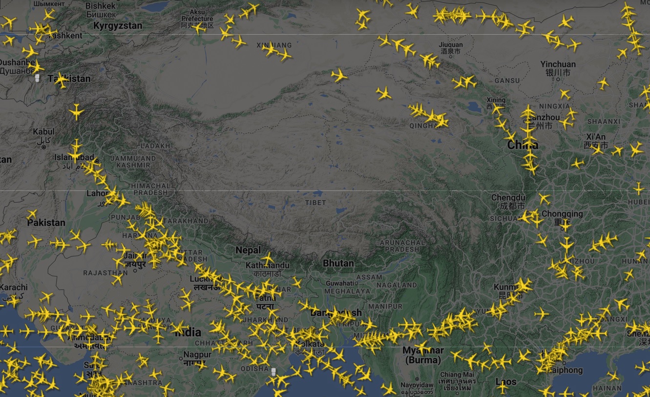 Tibetet kerülik a gépek (Kép: Flightradar24)