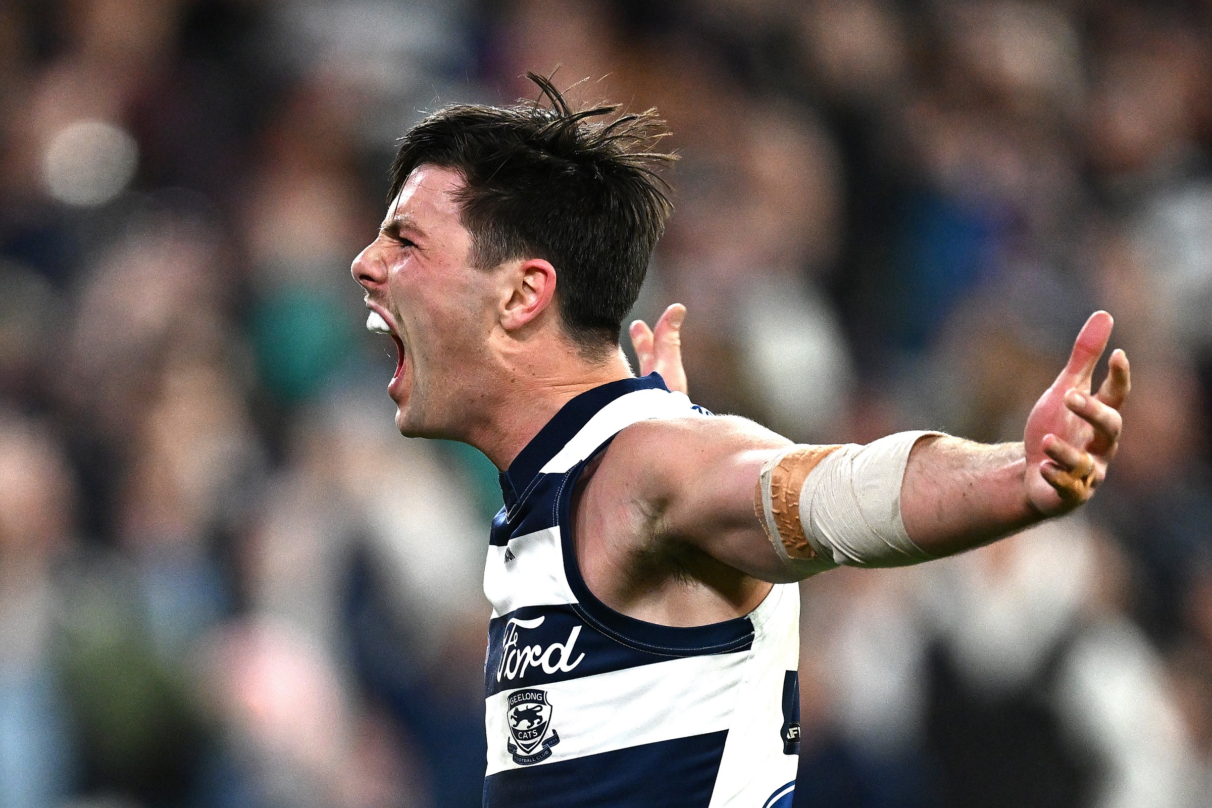 Ausztrál futball: Oliver Henry, a Geelong Cats játékosa ünnepel csapata győztes meccsét követően Melbourne-ben 2024. szeptember 21-én (Kép: Quinn Rooney/Getty Images)