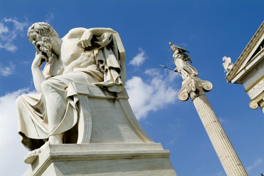 Statues of Socrates and Athena in front of the Athens Academy or Hellenic Academy. | Located in: Academy of Athens.